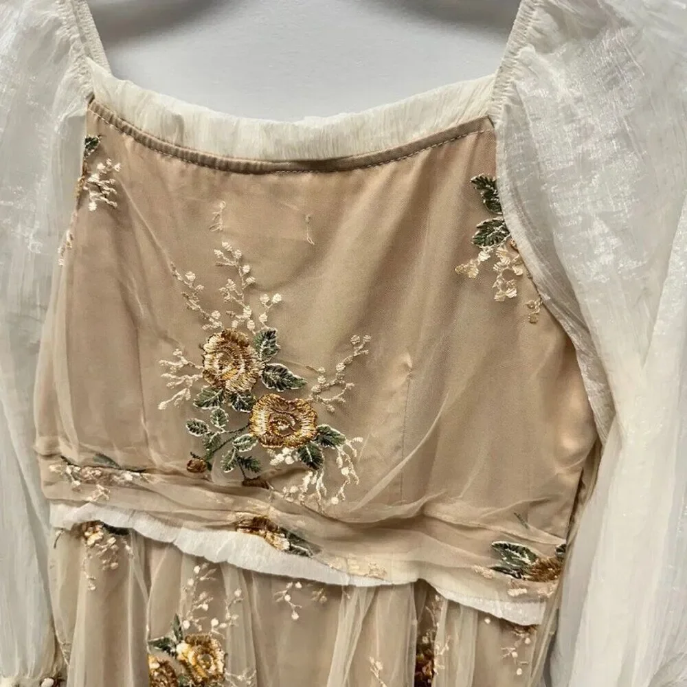 Maizishule Beige Floral Embroidered Midi Dress | Boho Sheer Long Sleeve Size L - Picture 5 of 16